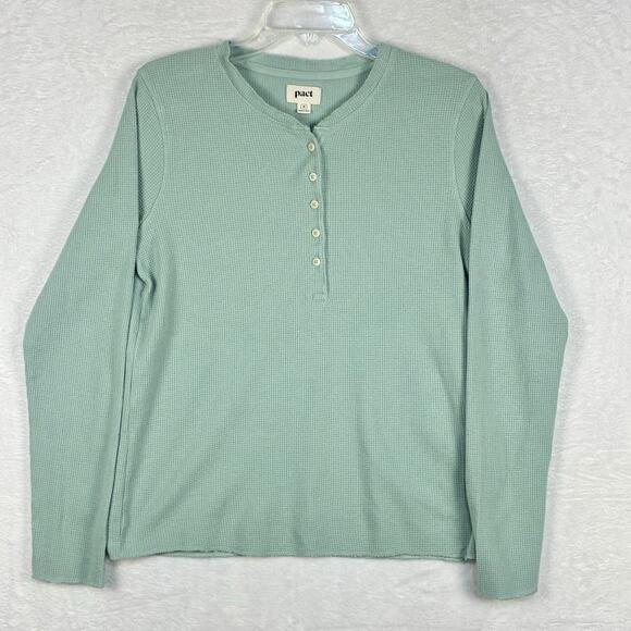 Pact Womens M Pastel Green Organic Cotton Waffle Knit Henley Thermal Top - Picture 1 of 8